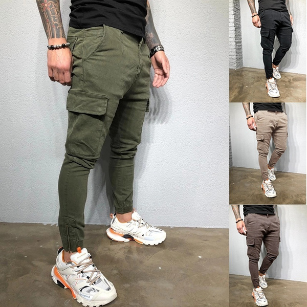 Cargo Pants for Men Relaxed Fit Causal Slim Beach Work Streetwear Khaki  Baggy Pants with Zipper Pockets 01-black Small